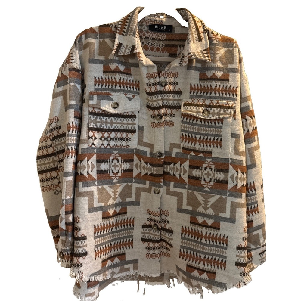 blue b.Women's Western Soft Warm Aztec Shacket Jacket  Oversized Frey Bottom S